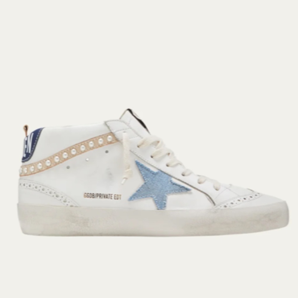 Golden Goose Mid Star Denim Wing-Tip Sneakers with Pearls Wave - Retail $715
